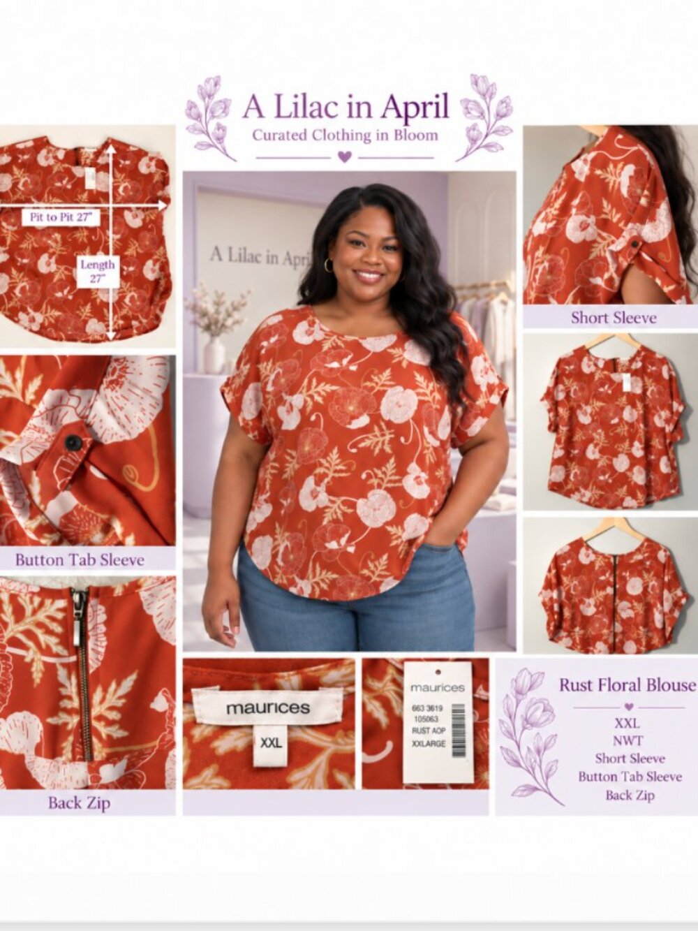 Maurices Plus Size XXL NWT Rust Floral Blouse Top Zip Back